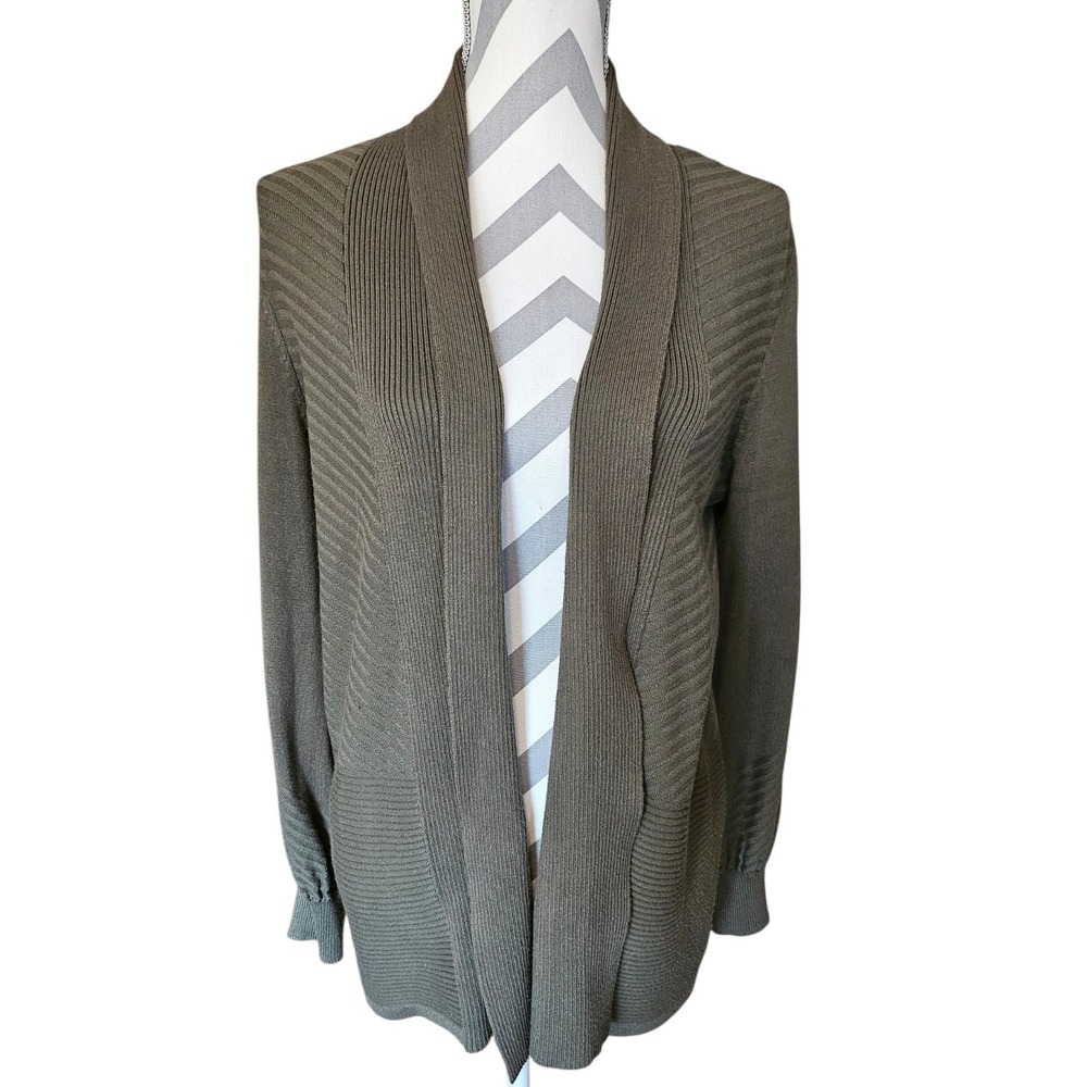Liz Claiborne Olive Green Open‎ Front Ribbed Knit Cardigan Sweater Womens Medium